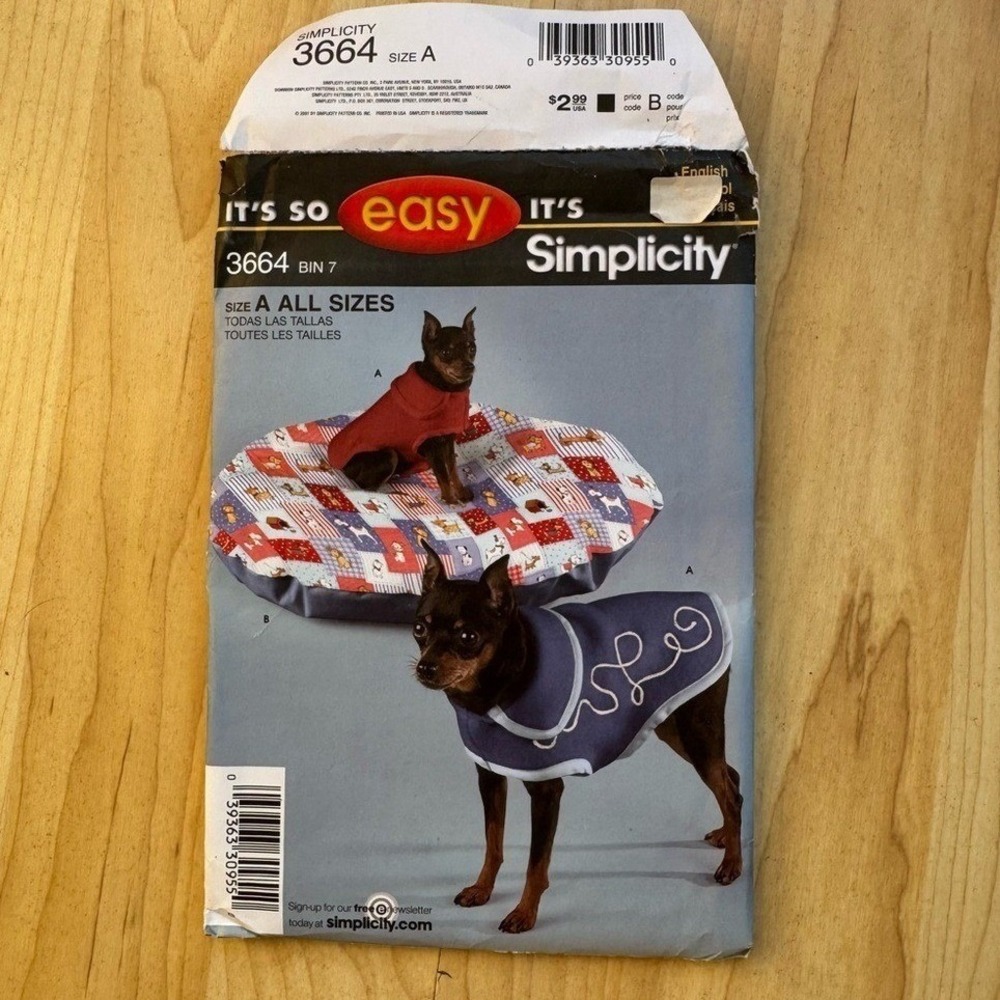 Simplicity Sewing Pattern Dog Cat Coat Bed 3664 Pet Clothes Sewist Animals Craft